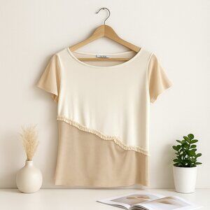 Sibilla Rei Beige Mesh Ruffle Top Women’s L Italy Made Sheer Romantic Blouse